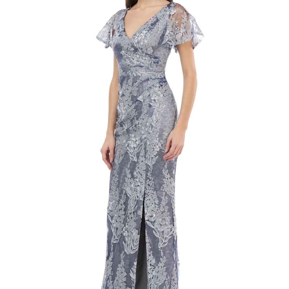 JB Collection Surplice Metallic Lace Gown